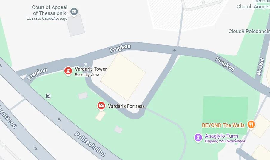 Google Map and link that show the locations of both, the Vardaris Tower and the Vardaris Fortress in the western part of the center of Thessaloniki.